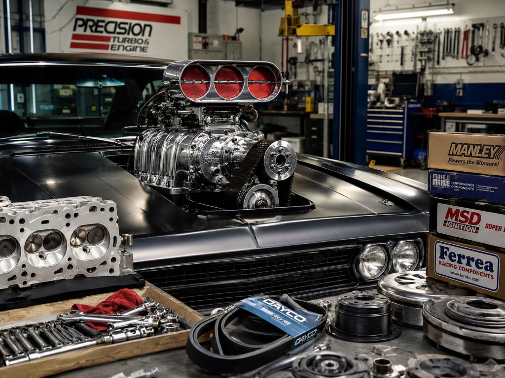 V8 automotive and mechanical parts with a forced-induction supercharger for urgent same-day freight delivery from Sydney to Canberra