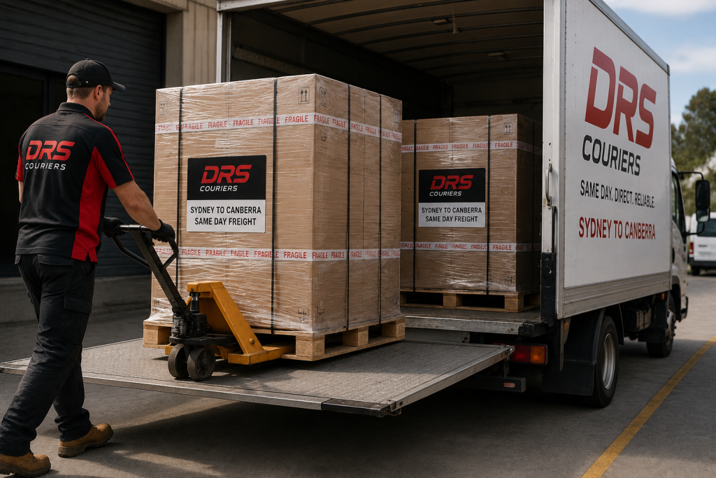 Two pallet same-day freight delivery being loaded for direct transport from Sydney to Canberra by DRS Couriers
